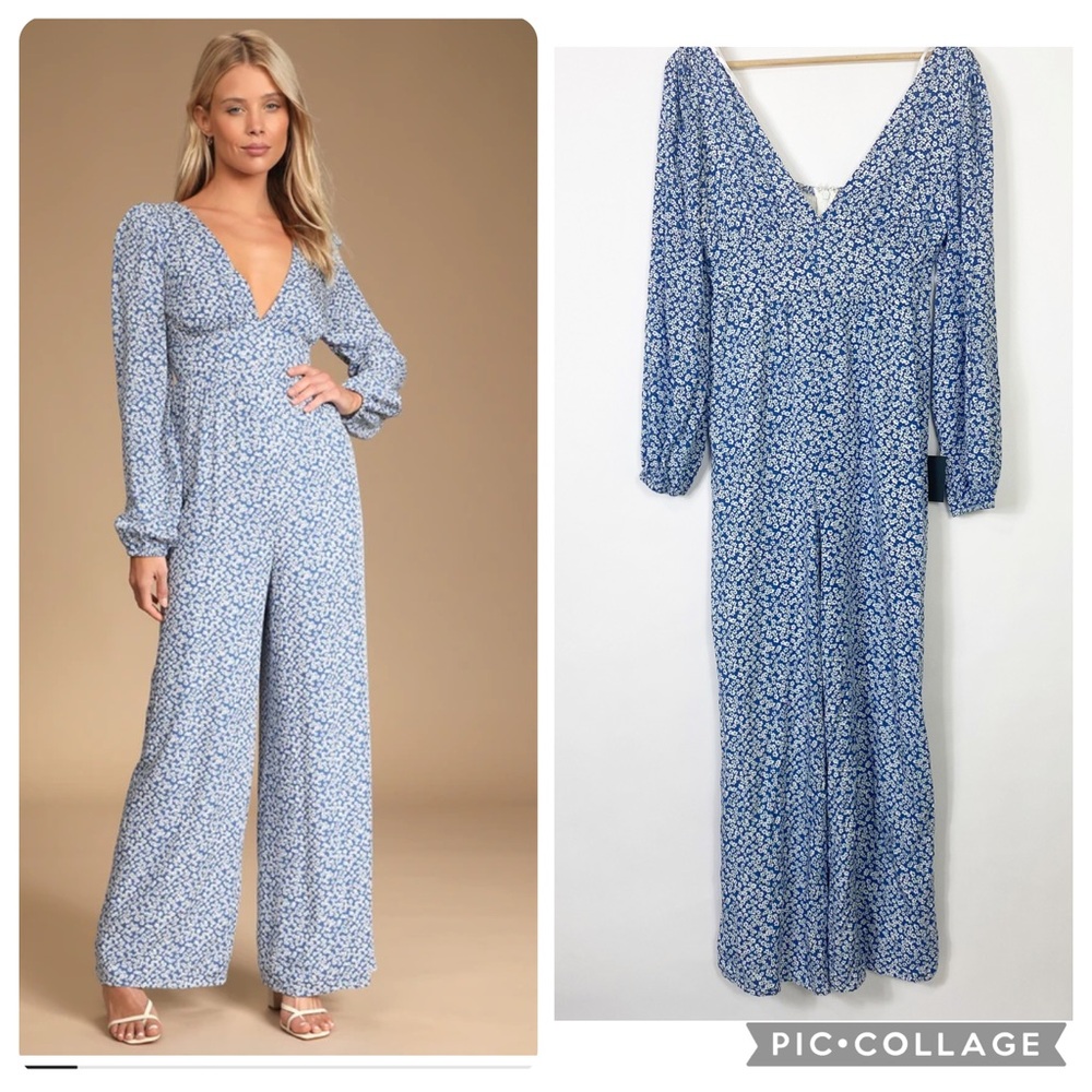 Lulus Afternoon Out Blue Floral Print Long Sleeve Jumpsuit  Comfy Relax Casual S